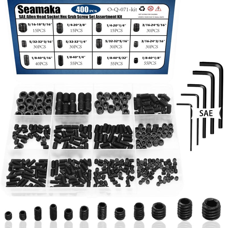 Seamaka 400Pcs SAE Set Screws Assortment Kit with Allen Keys,12 Size 12.9 Class Alloy Steel Set Screw Assortment Kit,1/8"-40 to 5/16"-18 Internal Set Screws for Bathroom Fixtures - Image 1