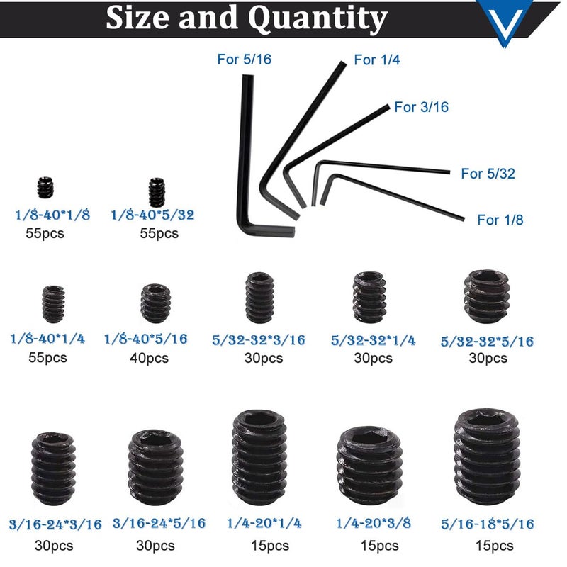 Seamaka 400Pcs SAE Set Screws Assortment Kit with Allen Keys,12 Size 12.9 Class Alloy Steel Set Screw Assortment Kit,1/8"-40 to 5/16"-18 Internal Set Screws for Bathroom Fixtures - Image 2