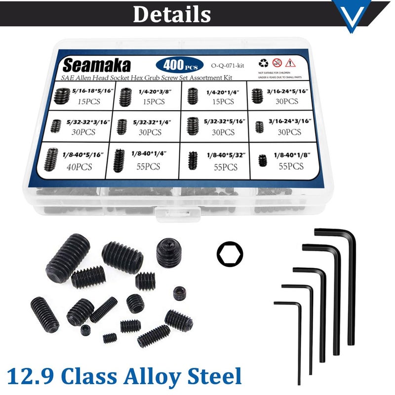 Seamaka 400Pcs SAE Set Screws Assortment Kit with Allen Keys,12 Size 12.9 Class Alloy Steel Set Screw Assortment Kit,1/8"-40 to 5/16"-18 Internal Set Screws for Bathroom Fixtures - Image 4