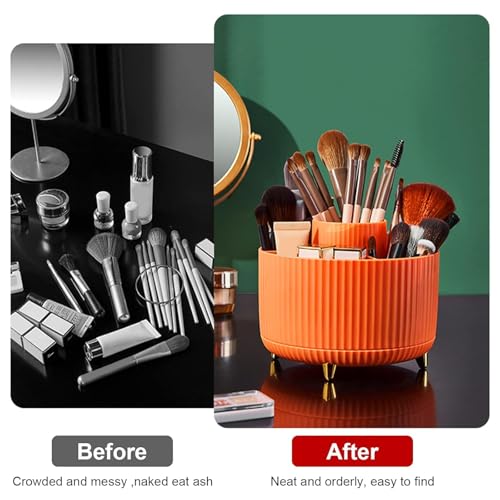 Diesisa 360 Rotating Makeup Brush Organizer With 5 Sections, Spining Countertop Swivel Makeup Brush Holder for Cosmetics, Nail Polish, Art Supply, Bathroom Vanity Desktop Organizer - Orange - Image 3