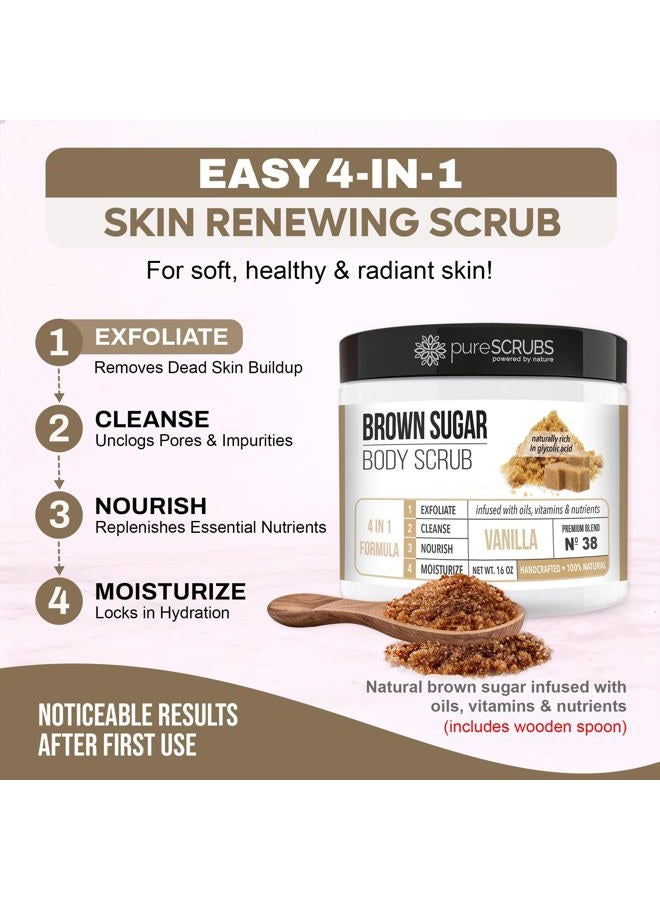 pureSCRUBS Premium Organic Brown Sugar VANILLA FACE & BODY SCRUB Set - Large 16oz, Infused With Organic Essential Oils, Glycolic Acid & INCLUDES Wooden Spoon, Loofah & Mini Exfoliating Bar Soap - Image 3