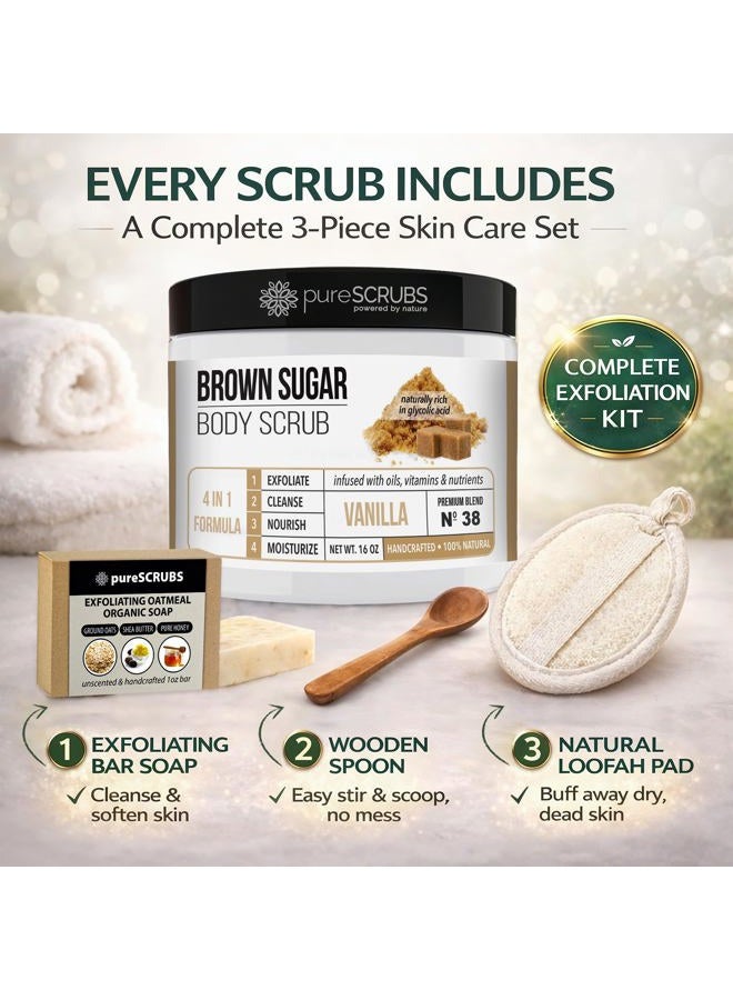 pureSCRUBS Premium Organic Brown Sugar VANILLA FACE & BODY SCRUB Set - Large 16oz, Infused With Organic Essential Oils, Glycolic Acid & INCLUDES Wooden Spoon, Loofah & Mini Exfoliating Bar Soap - Image 4