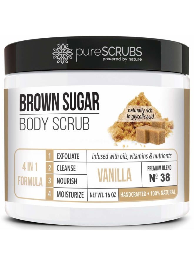 pureSCRUBS Premium Organic Brown Sugar VANILLA FACE & BODY SCRUB Set - Large 16oz, Infused With Organic Essential Oils, Glycolic Acid & INCLUDES Wooden Spoon, Loofah & Mini Exfoliating Bar Soap - Image 1