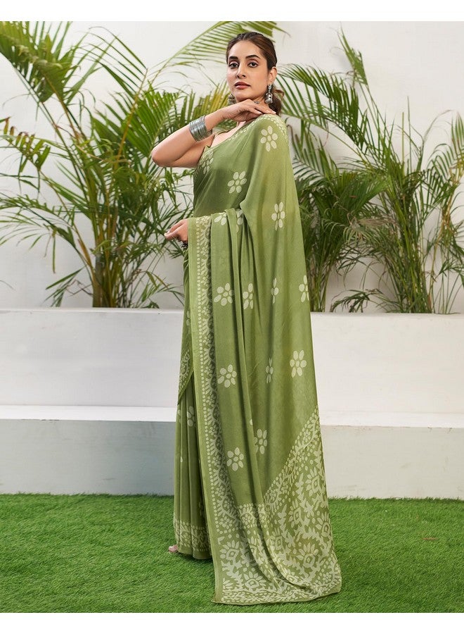 SIRIL Women's Chiffon Floral Printed Saree With Unstitched Blouse Piece (3780S1535_Pista Green) - Image 2