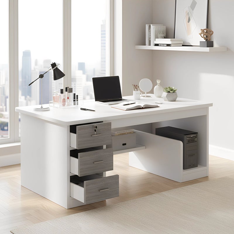 Sharpdo Modern Home Office Desk with 3 Storage Drawers, Including a Lockable Drawer, Suitable for Small Spaces, White and Gray Finish, 120 X 48 X 72 Cm - Image 1