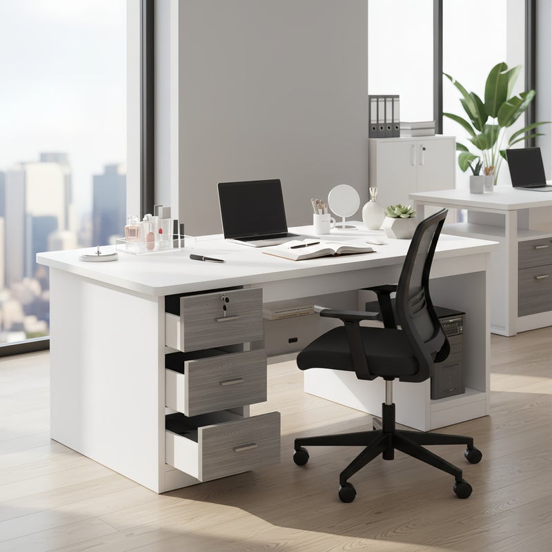 Sharpdo Modern Home Office Desk with 3 Storage Drawers, Including a Lockable Drawer, Suitable for Small Spaces, White and Gray Finish, 120 X 48 X 72 Cm - Image 4