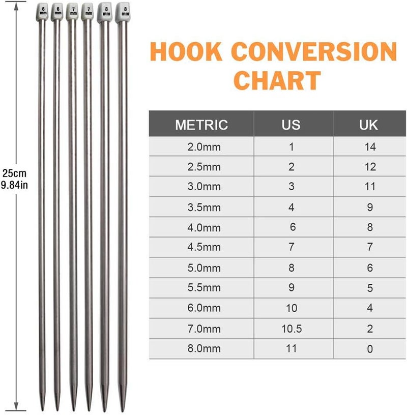 BCMRUN Knitting Needle Set, 22PCS 2mm(B)-8mm(L) Straight Single Pointed Stainless Steel Sweater Needles Set(11Pair-11 Size,9.8 inch) with Locking Stitch Makers Large-Eye Needles Measure Tape (25CM) - Image 3