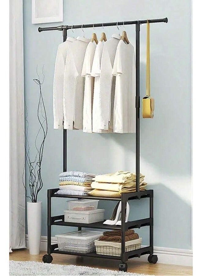 1 Piece Foldable Standing Clothes Organizer for Interior Bedroom and Hallway, 3-Level Shelves, Easy to Raise and Lower Hanging Clothes Rack, Shoe Organizer, Multi-Use  - Image 1