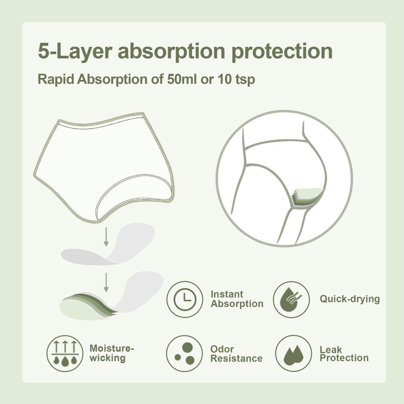 BATTEWA Washable Absorbency Incontinence Regular Underwear for Women, Reusable Leak Proof Protection Panties for Bladder Leakage(5Color, Large, 5 Pack) - Image 4