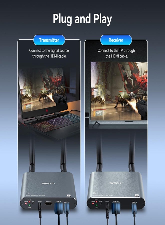 اس في بيوني جهاز إرسال واستقبال لاسلكي SVBONY TransAir2 HDMI بدقة 4K، مع موسع نطاق يصل مداه إلى 300 متر/984 قدمًا، مزود بمخرج HDMI حلقي، و9 قنوات 5G، وخالٍ من التداخل، وموسع نطاق الأشعة تحت الحمراء، لتوصيل أجهزة الكمبيوتر، ونتفليكس، وبلاي ستيشن 4/5، والتلفزيون، وجهاز العرض. - Image 2