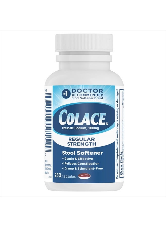 COLACE Regular Strength Stool Softener, 100 mg Capsules, 250 Count, Docusate Sodium Stool Softener for Gentle, Dependable Relief - Image 1