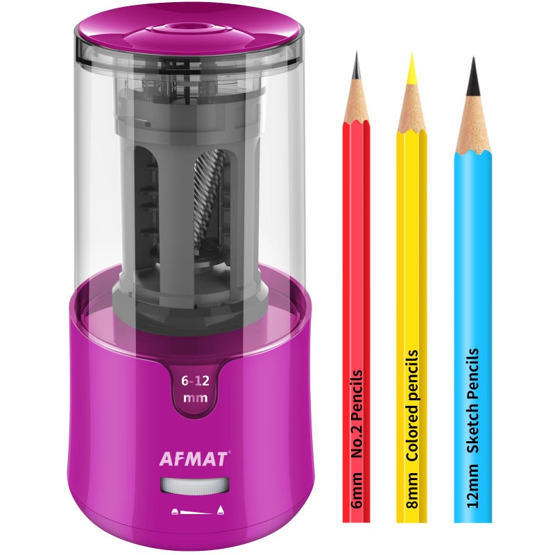 AFMAT Electric Pencil Sharpener for Colored Pencils Auto Stop Fast Sharpen in 3s Large Hole Pencil Sharpener Plug in for 612mm No2Jumbo PencilsPurple ModelPS91PR