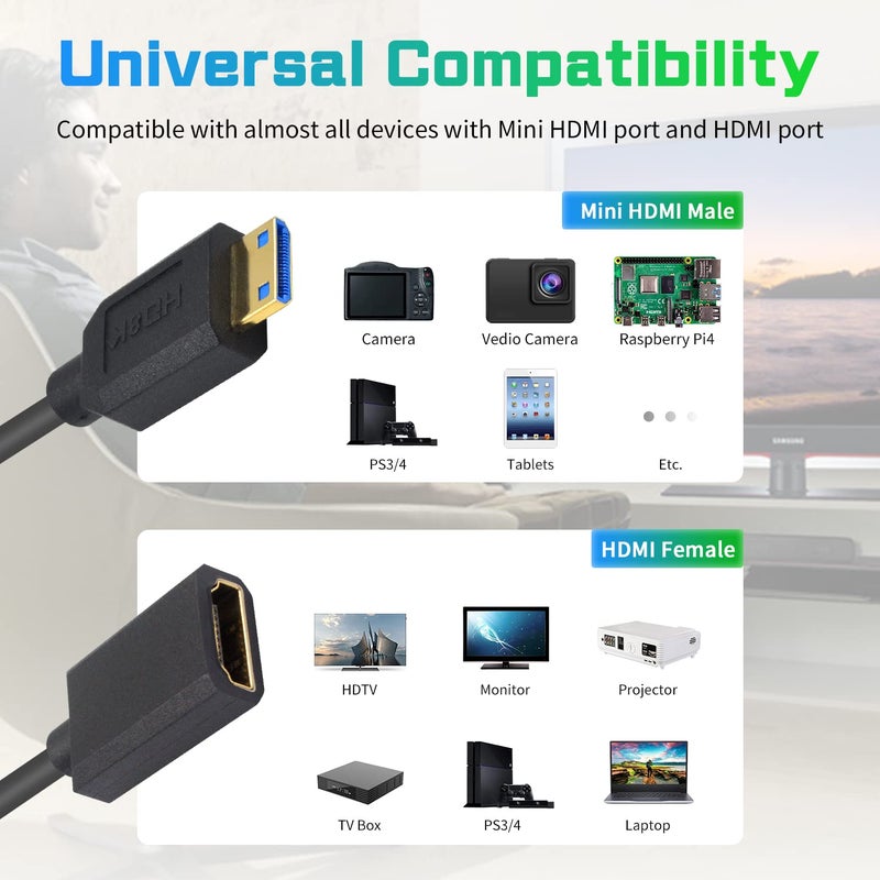 دوتك كابل 8K من نوع HDMI إلى Mini HDMI، بسرعة 48 جيجابت في الثانية، نوع Ultra-Thin Mini HDMI، من ذكر إلى أنثى، يدعم دقة 8K@60Hz، للاستخدام مع العارضات والشاشات وكاميرات الفيديو. - Image 5