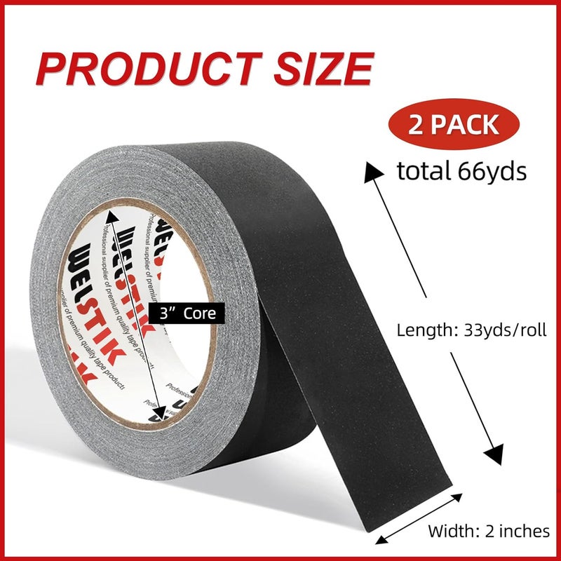 WELSTIK 2 Pack Black Gaffers Tape,2"X 33 Yards Heavy Duty Gaffers Tape,Waterproof Matte Finish Gaff Tape,Residue Free,Non Reflective,Easy to Tear - Image 2