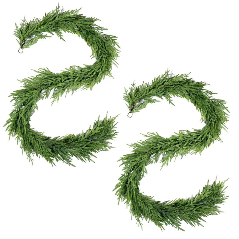 WBHome 2 PCS Real Touch Norfolk Pine Christmas Garland Winter Greenery Garland for Christmas Holiday Seasonal OutdoorIndoor Home Decor 9FT Long