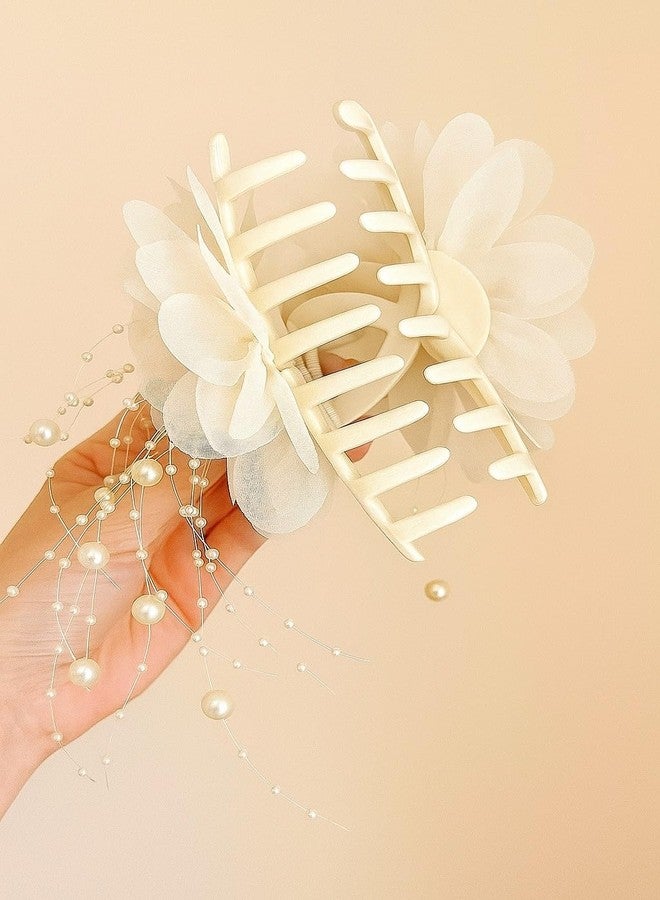 DiBha Flower Hair Claw Clips for Women, Off white Elegant Pearl Beaded Luxury Shark Clips, Stylish Hair Accessories for Bun, 1 piece - Image 4