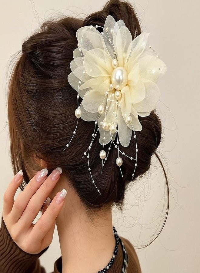 DiBha Flower Hair Claw Clips for Women, Off white Elegant Pearl Beaded Luxury Shark Clips, Stylish Hair Accessories for Bun, 1 piece - Image 1