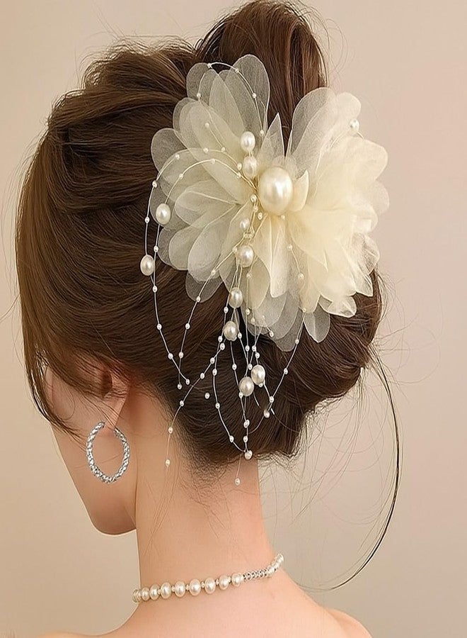 DiBha Flower Hair Claw Clips for Women, Off white Elegant Pearl Beaded Luxury Shark Clips, Stylish Hair Accessories for Bun, 1 piece - Image 3