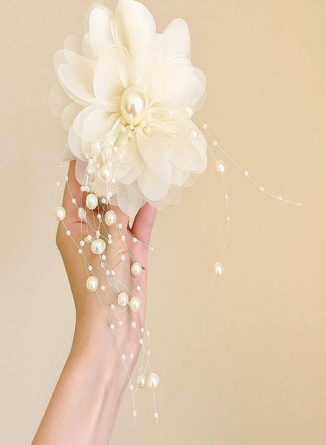 DiBha Flower Hair Claw Clips for Women, Off white Elegant Pearl Beaded Luxury Shark Clips, Stylish Hair Accessories for Bun, 1 piece - Image 2