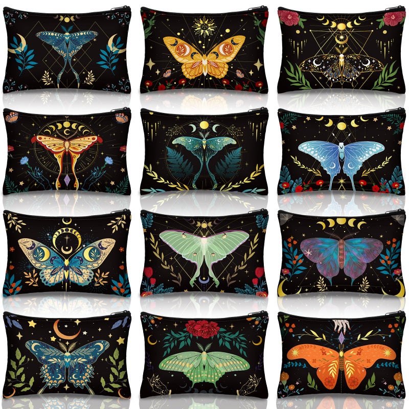 Kajaia 12 Pcs Butterfly Makeup Bag Gothic Moth Floral Zipper Cosmetic Pouches Summer Halloween Witchy Travel Toiletry Bags for Women Birthday Gifts - Image 1