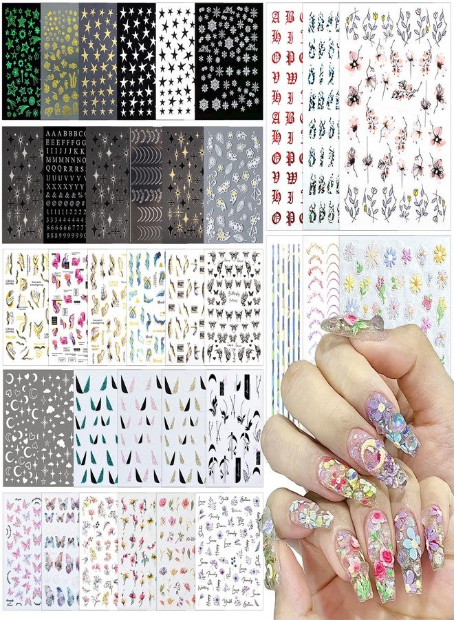 DANNEASY 36 Sheets Varied Nail Art Stickers, Butterfly Flower Letter Star French Tips Gold Nail Decals Self-Adhesive Nail Design Stickers Colorful Nail Stickers for Nail Art Women Kids - Image 1
