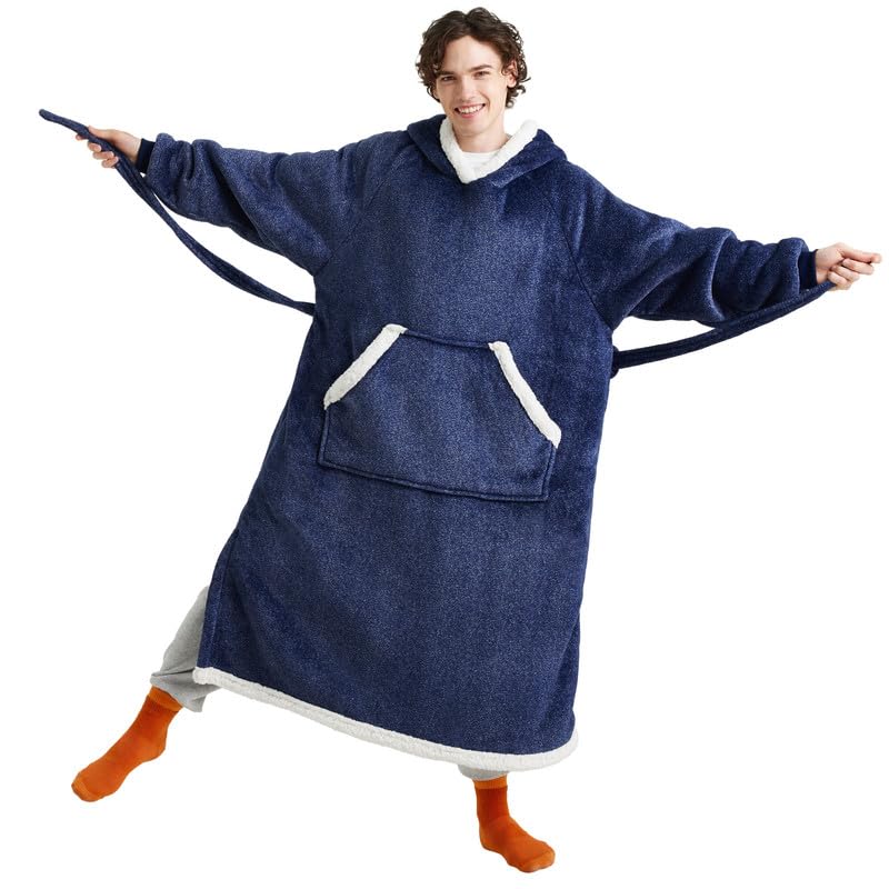 Bedsure Bedsure Oversized Wearable Blanket Hoodie - Long Sherpa Fleece Hooded Blanket for Adult Women Men  Warm Cozy Blanket Sweatshirt with Giant Pocket and Belt  Winter Gifts for Men  Oversize  Ocean Blue  - Image 1