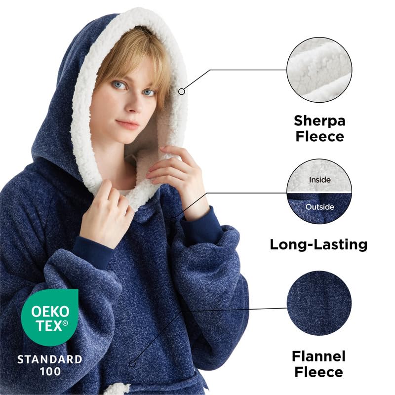 Bedsure Bedsure Oversized Wearable Blanket Hoodie - Long Sherpa Fleece Hooded Blanket for Adult Women Men  Warm Cozy Blanket Sweatshirt with Giant Pocket and Belt  Winter Gifts for Men  Oversize  Ocean Blue  - Image 2