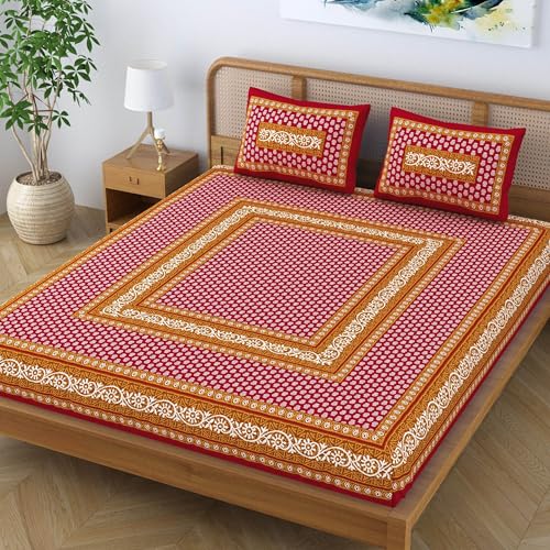 Colorish Cotton Blend Traditional Jaipuri Motif Printed King Size Double Bedsheet with 2 Pillow Covers – Marigold Maroon - Image 3