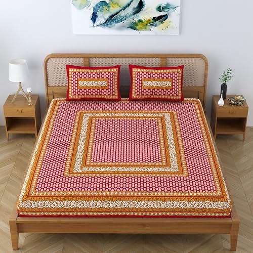 Colorish Cotton Blend Traditional Jaipuri Motif Printed King Size Double Bedsheet with 2 Pillow Covers – Marigold Maroon - Image 5