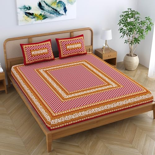 Colorish Cotton Blend Traditional Jaipuri Motif Printed King Size Double Bedsheet with 2 Pillow Covers – Marigold Maroon - Image 4