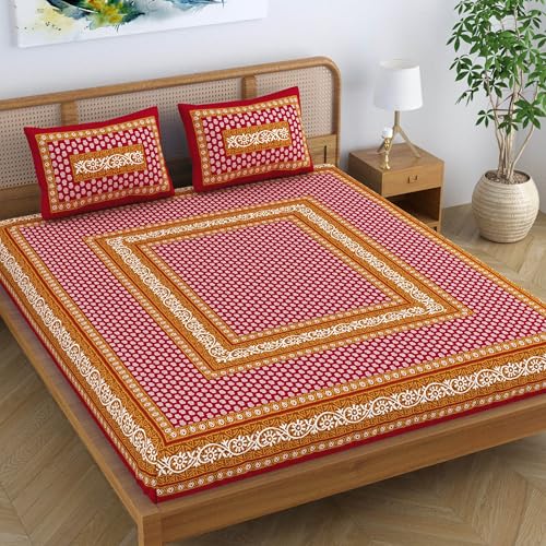 Colorish Cotton Blend Traditional Jaipuri Motif Printed King Size Double Bedsheet with 2 Pillow Covers – Marigold Maroon - Image 1