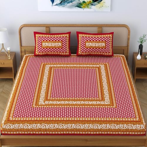 Colorish Cotton Blend Traditional Jaipuri Motif Printed King Size Double Bedsheet with 2 Pillow Covers – Marigold Maroon - Image 2