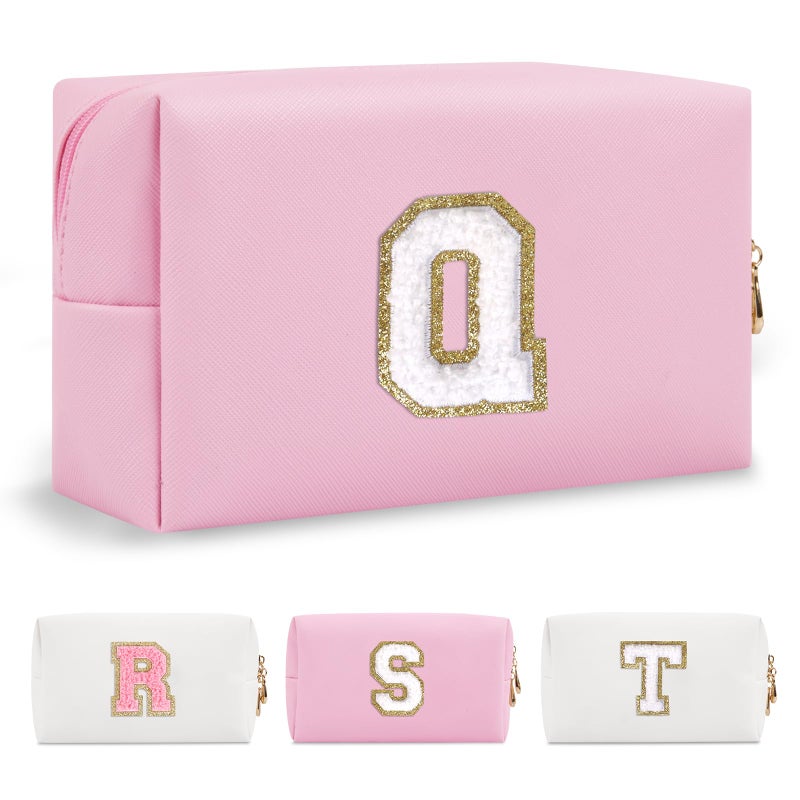 ChaoGreat Personalized Initial A-Z Preppy Patch Makeup Bag,Small PU Chenille Letter Cosmetic Bag with Zipper for Teen Girls,Pink Cute Toiletry Organizer Bag,Monogram Makeup Case Gift for Women Girls,Letter Q - Image 1
