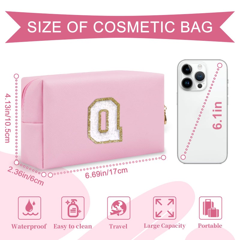 ChaoGreat Personalized Initial A-Z Preppy Patch Makeup Bag,Small PU Chenille Letter Cosmetic Bag with Zipper for Teen Girls,Pink Cute Toiletry Organizer Bag,Monogram Makeup Case Gift for Women Girls,Letter Q - Image 2