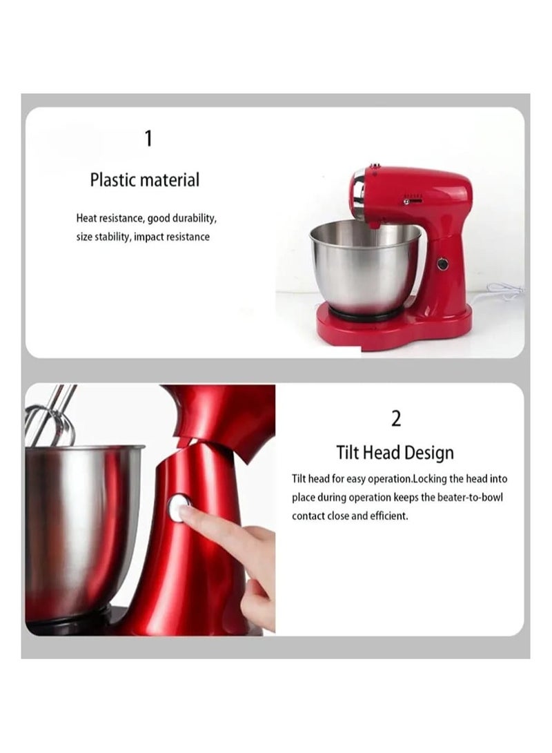 Dessini Regina 800W Stand Mixer with 3.5L Stainless Steel Bowl – 5 Speed Settings, Beaters & Dough Hooks – Tilt-Head Electric Cake & Dough Mixer for Baking, Mixing & Kneading – Red - Image 3