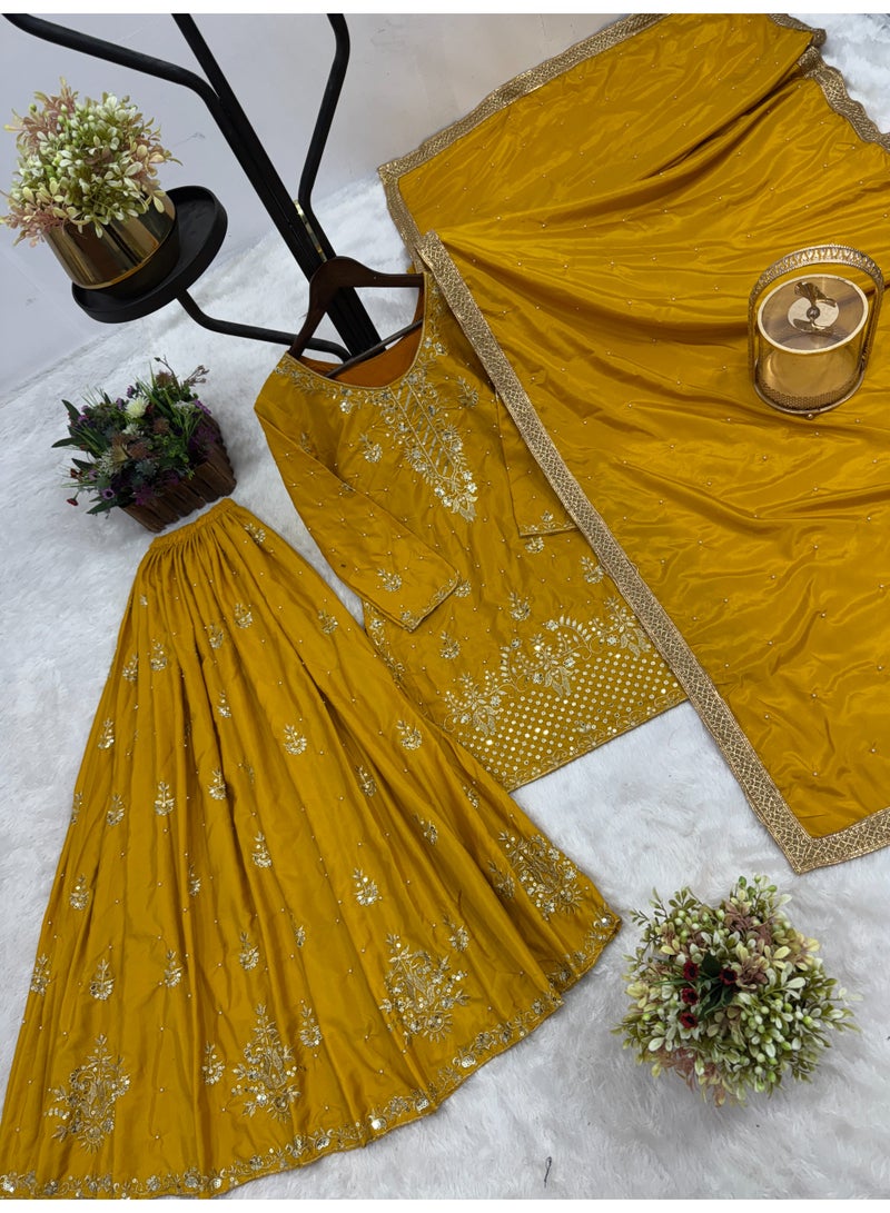 Super Asian Designer Palazo Set with Embroidery, Sequence & Riveted Moti Work | Fully Stitched  - Image 2