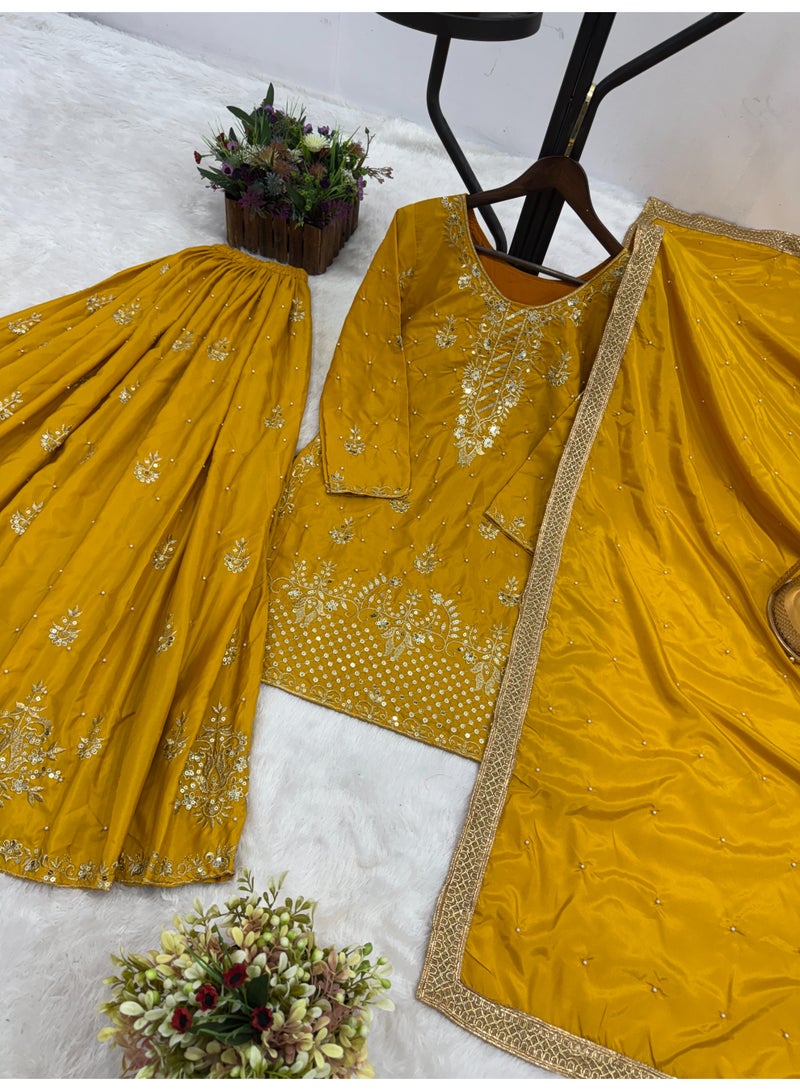 Super Asian Designer Palazo Set with Embroidery, Sequence & Riveted Moti Work | Fully Stitched  - Image 1