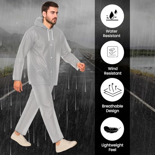 HACER EVA Rainsuit Set 75 GSM with Adjustable Hood Full Sleeves Lightweight Raincoat with Pants Water Resistant Outdoor Travel Rainwear Men & Women for Camping Trekking Hiking (Pack of 1, Grey) - Image 3
