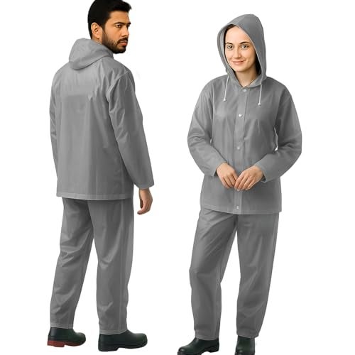 HACER EVA Rainsuit Set 75 GSM with Adjustable Hood Full Sleeves Lightweight Raincoat with Pants Water Resistant Outdoor Travel Rainwear Men & Women for Camping Trekking Hiking (Pack of 1, Grey) - Image 1