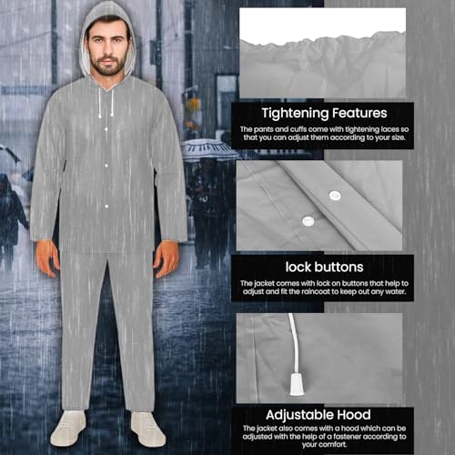 HACER EVA Rainsuit Set 75 GSM with Adjustable Hood Full Sleeves Lightweight Raincoat with Pants Water Resistant Outdoor Travel Rainwear Men & Women for Camping Trekking Hiking (Pack of 1, Grey) - Image 5
