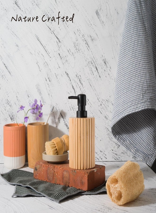 ABBI NIMO Elegant Boho Ribbed Bamboo Soap Dispenser, 7 oz Refillable Farmhouse Lotion Dispenser for Bathroom or Kitchen, Natural Crafted Countertop Accessory - Image 3