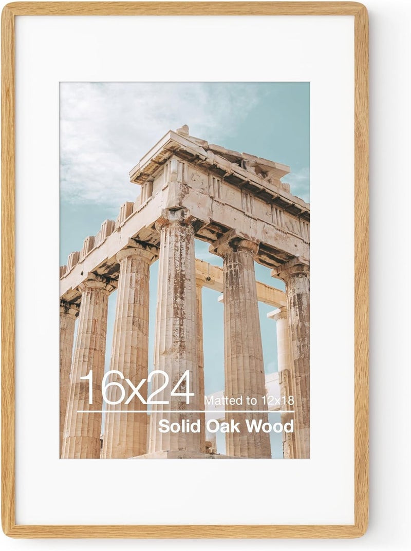 FLYJOE 16x24 Poster Frame | Solid Oak Wood 16 x 24 Picture Frame | 24x16 Poster Frame With Mat For 12x18 | Tempered Glass And Hanging Hardware Included | 16 By 24 Frame Wood (Natural Oak, 1 Pack) - Image 1
