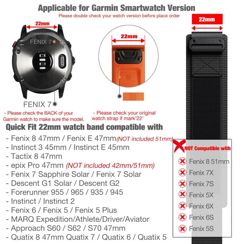 Abanen Rugged Nylon Quick Fit 22mm Watch Bands for Garmin Fenix 8 47mm / Fenix 7/6/5/ epix Pro 47mm, Adjustable Weave Ballistic Nylon Webbing Wrist Strap for Intinct 3 45mm (Black) - Image 2