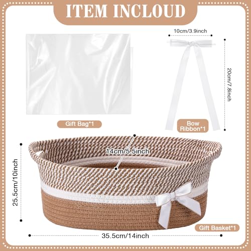 Colingmill Woven Gift Basket Empty with Handles Ribbons Bow Tie Bag 14 x 10 x 55 Inch Medium Decorative Woven Gift Basket Rope Storage Box Home Decor14 x 10 x 55 InchKhaki White - Image 3