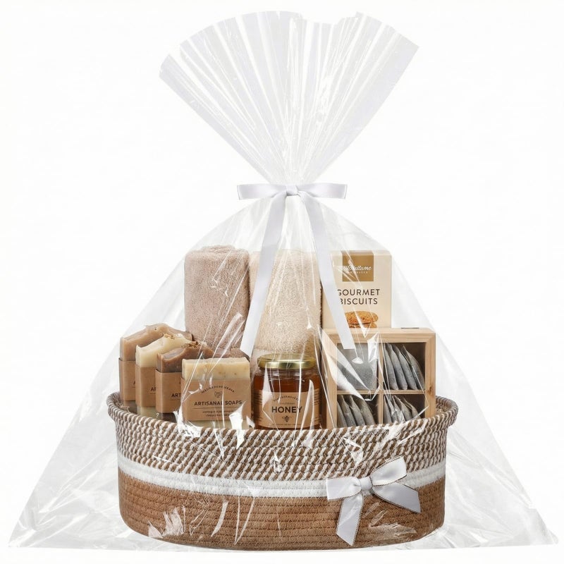 Colingmill Woven Gift Basket Empty with Handles Ribbons Bow Tie Bag 14 x 10 x 55 Inch Medium Decorative Woven Gift Basket Rope Storage Box Home Decor14 x 10 x 55 InchKhaki White - Image 2