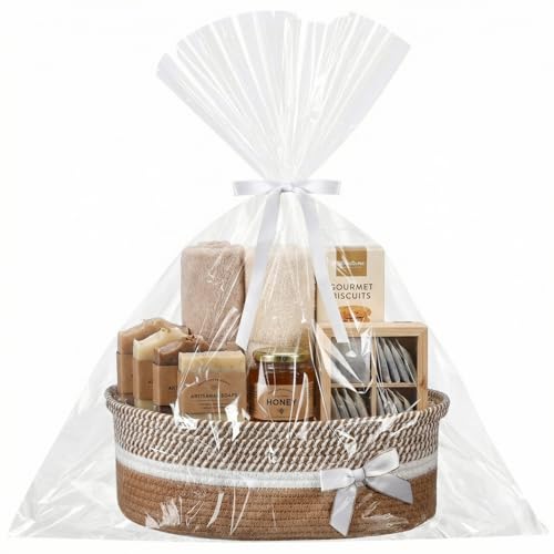 Colingmill Woven Gift Basket Empty with Handles Ribbons Bow Tie Bag 14 x 10 x 55 Inch Medium Decorative Woven Gift Basket Rope Storage Box Home Decor14 x 10 x 55 InchKhaki White - Image 1