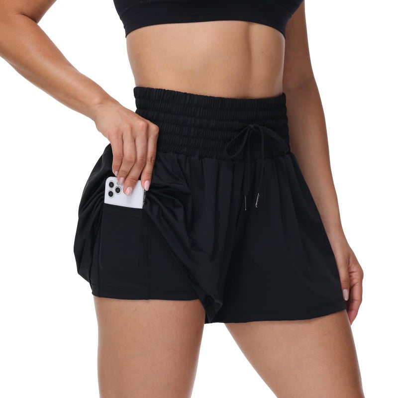 Blaosn Flowy Athletic Shorts for Women Workout Running Gym Yoga Sport Short Pants Sweat Tennis Skirt Skort High Waisted with Pockets Biker Spandex Cute Comfy Lounge Trendy Clothes Casual Summer Black M - Image 1