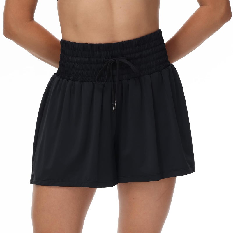 Blaosn Flowy Athletic Shorts for Women Workout Running Gym Yoga Sport Short Pants Sweat Tennis Skirt Skort High Waisted with Pockets Biker Spandex Cute Comfy Lounge Trendy Clothes Casual Summer Black M - Image 3