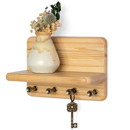 Rebee Vision Small Key Holder Wall Mount for Home Organization Decorative 7inch Pine Wooden Key Holder for Wall with 4 Hooks Floating Shelf Stylish Home Decor Solution Natural Wood - Image 1