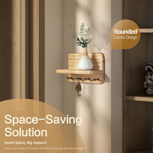 Rebee Vision Small Key Holder Wall Mount for Home Organization Decorative 7inch Pine Wooden Key Holder for Wall with 4 Hooks Floating Shelf Stylish Home Decor Solution Natural Wood - Image 3
